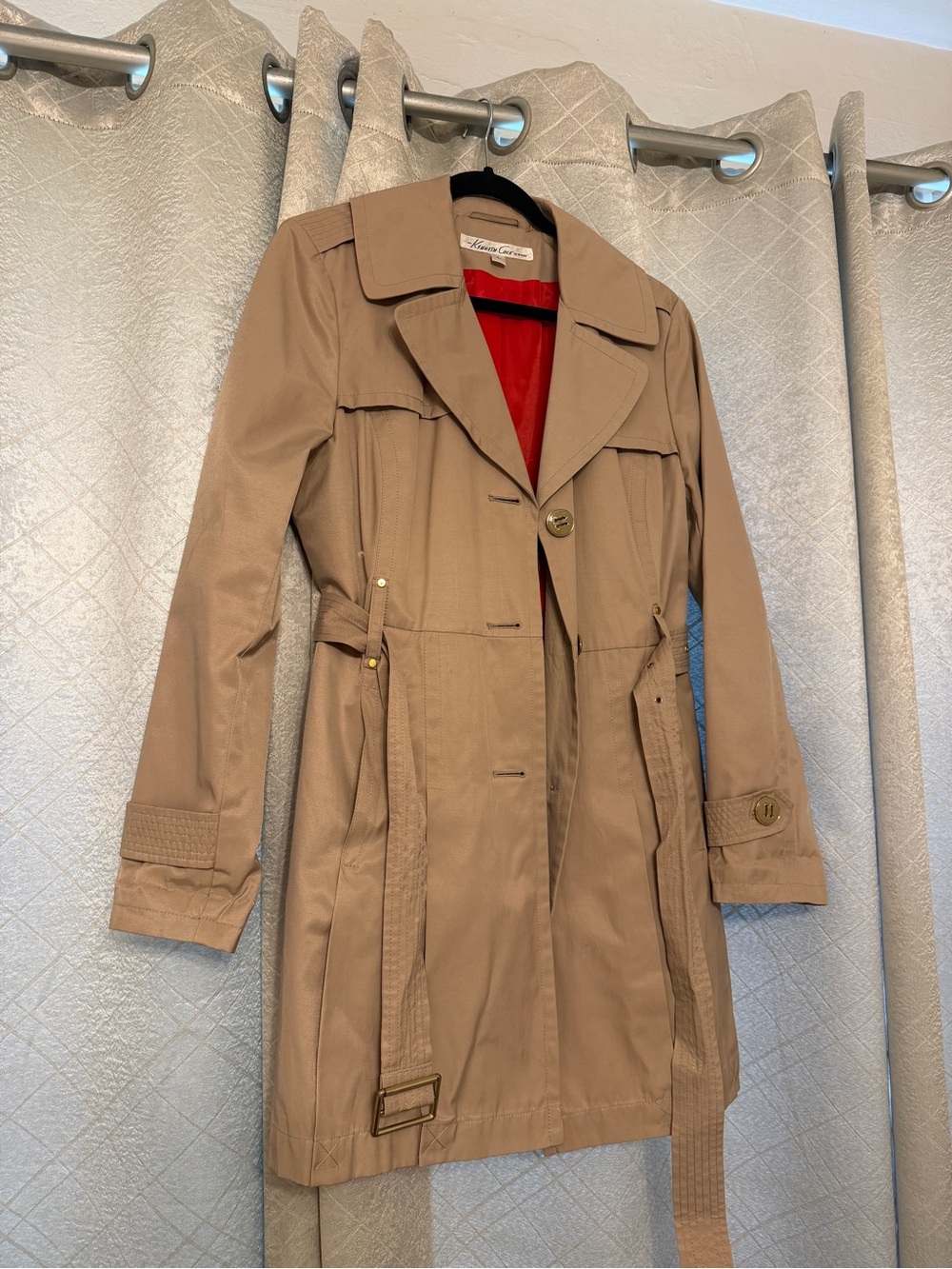 Kenneth Cole New York Tan Trench Coat with Red Lining